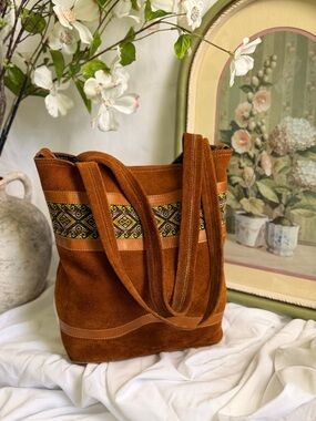 Vintage Brown Suede Shoulder Bag with Embroidered Band Boho Western Fairy